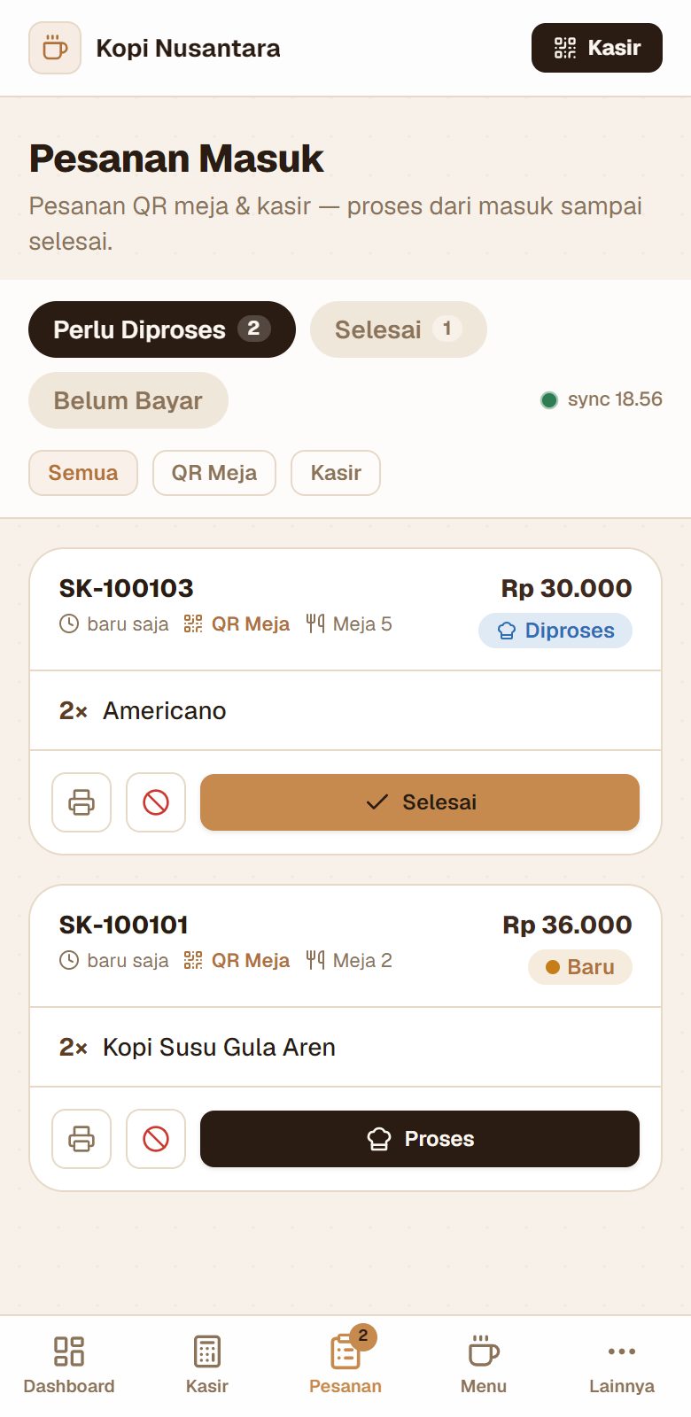 Papan Pesanan Masuk SmartKopi — pesanan QR meja diproses sampai selesai